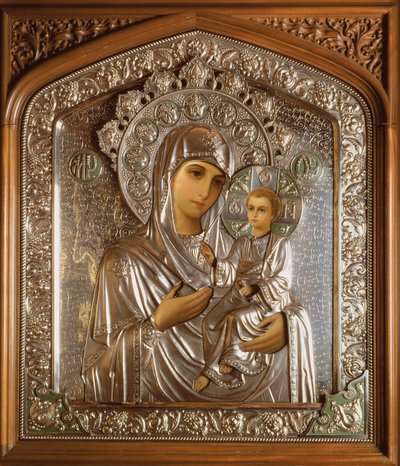 Ícone da Santíssima Virgem e do Menino Jesus, 1908 (óleo a bordo e prata) de Carl Fabergé